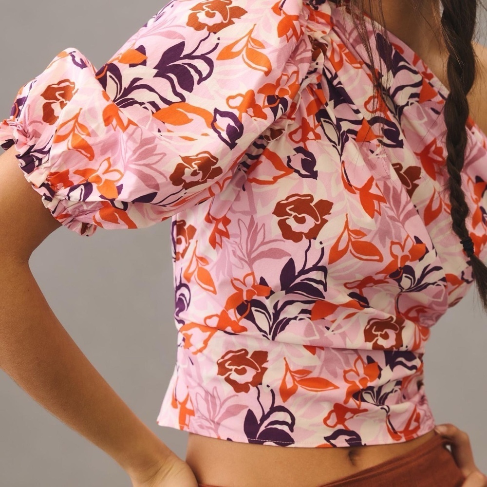 NWT Anthropologie Maeve One Shoulder Pink Floral Blouse Large - Picture 3 of 3